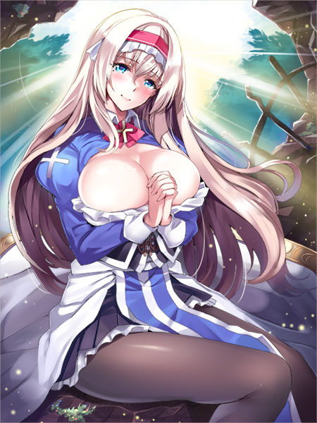 1girl, blonde_hair, blue_eyes, breasts, cattleya_(x-overd), cleavage, hairband, hands_together, large_breasts, light_rays, long_hair, looking_at_viewer, official_art, outdoors, pantyhose, sitting, solo, x-overd