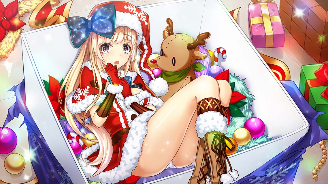 1girl, blonde_hair, boots, bow, box, brown_boots, candy, candy_cane