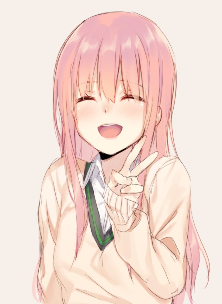 1girl, :d, ^_^, bangs, beige_background, blush, closed_eyes, collared_shirt, eyebrows_visible_through_hair, fujigasaki_connie, hair_between_eyes, long_hair, mikazuchi_zeus, olive!_believe_"olive"?, open_mouth, pink_hair, school_uniform, shirt, sketch, sleeves_past_wrists, smile, solo, sweater, teeth, upper_body, v, white_shirt