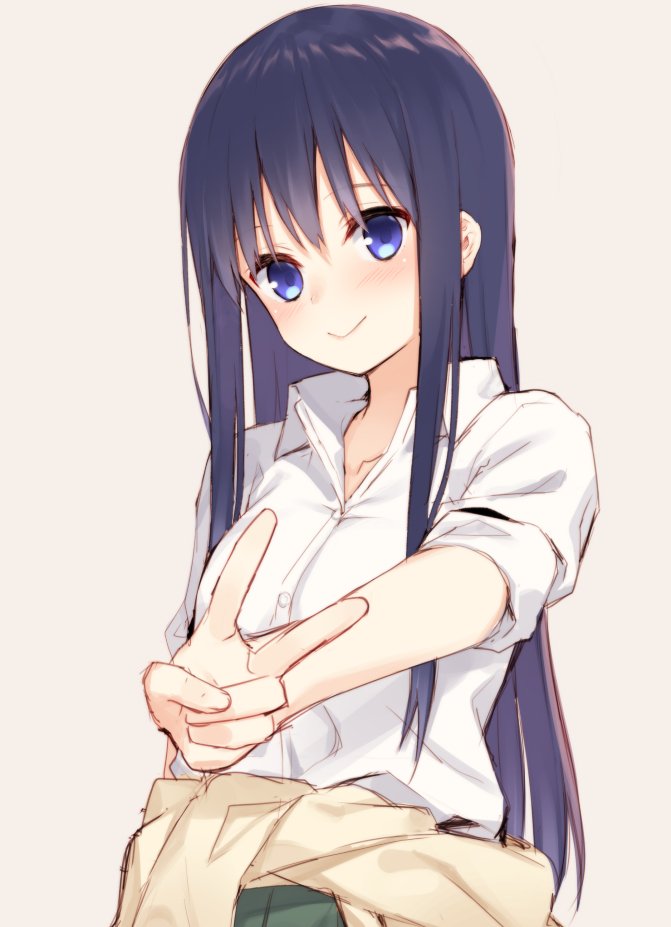 1girl, :>, bangs, beige_background, blue_eyes, blue_hair, blush, closed_mouth