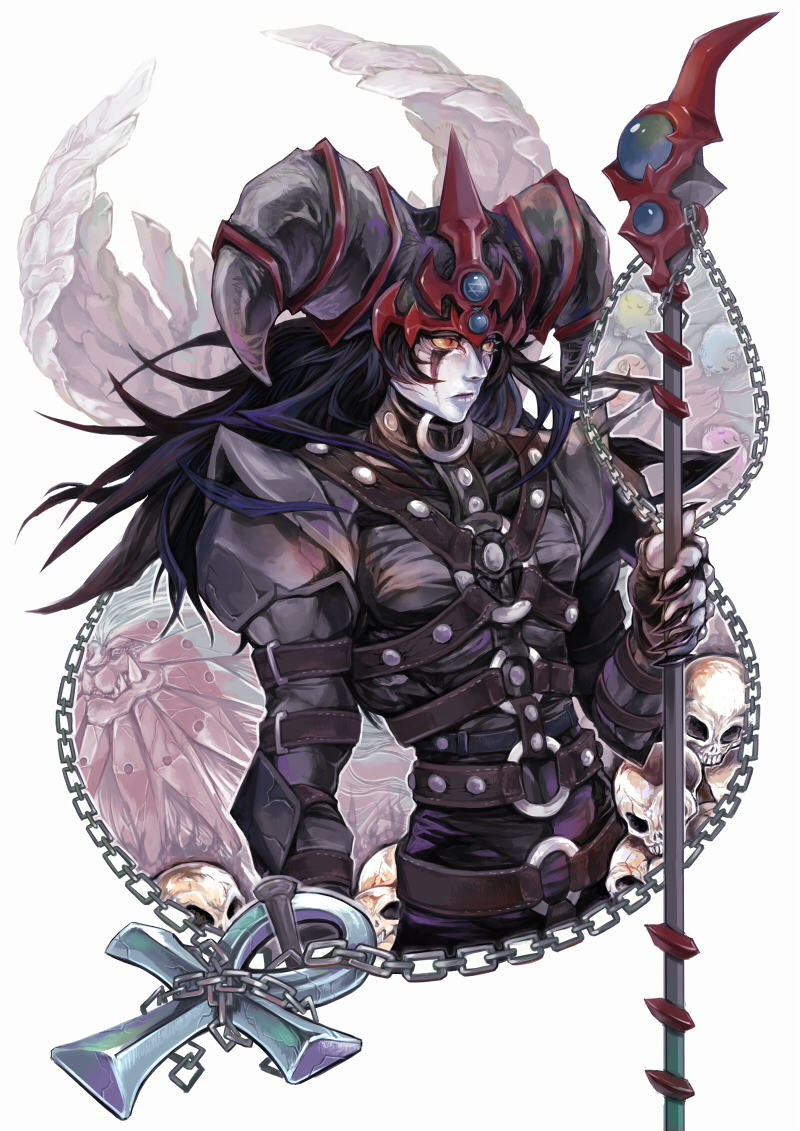 1boy, ankh, black_hair, chains, chinchira, dark_magician_of_chaos, duel_monster, facial_mark, hat, long_hair, long_sleeves, looking_away, pale_skin, red_eyes, skull, slit_pupils, solo, staff, straitjacket, upper_body, yellow_sclera, yu-gi-oh!