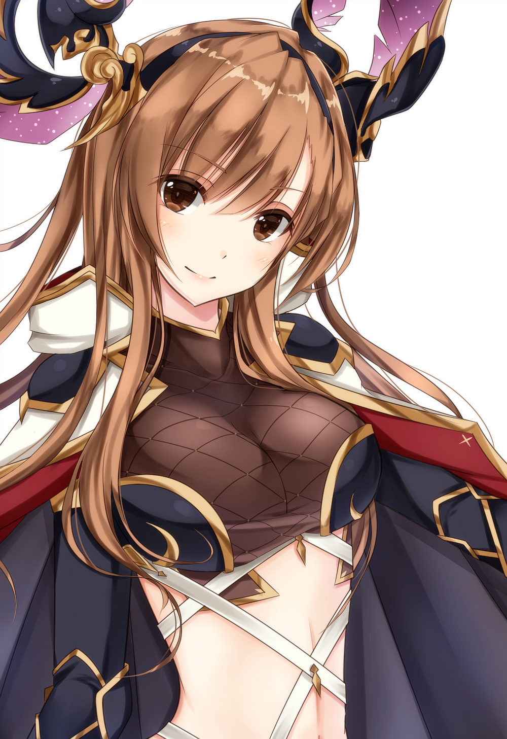 1girl, arms_at_sides, breasts, brown_eyes, brown_hair, cape, fishnets, granblue_fantasy, head_wings, headgear, highres, kirbyffcc, large_breasts, long_hair, looking_at_viewer, navel, orange_hair, smile, song_(granblue_fantasy), upper_body