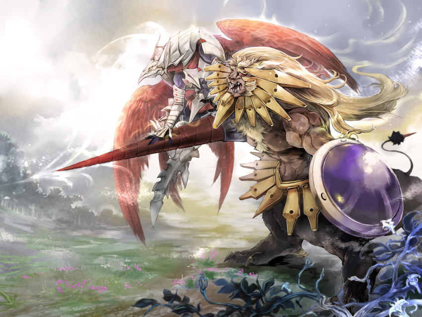 2boys, alector_sovereign_of_birds, armor, beast_king_barbaros, bird_wings, blonde_hair, centauroid, chinchira, day, duel_monster, forest, highres, holding, holding_weapon, lance, lion, long_hair, multiple_boys, muscle, nature, open_mouth, outdoors, polearm, red_wings, sharp_teeth, shield, standing, tail, teeth, toned, weapon, wings, yu-gi-oh!