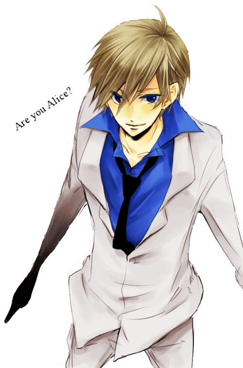1boy, alice?_(are_you_alice?), are_you_alice?, artist_request, blonde_hair, blue_eyes, blue_shirt, closed_mouth