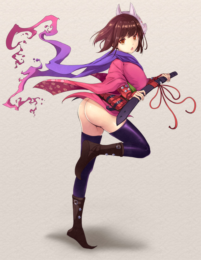 1girl, armor, ass, bangs, belt_pouch, black_boots, black_legwear, blue_scarf