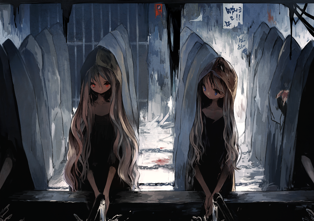 2girls, asahiro_(algl), bars, black_dress, blonde_hair, blood, blood_stain, blue_eyes