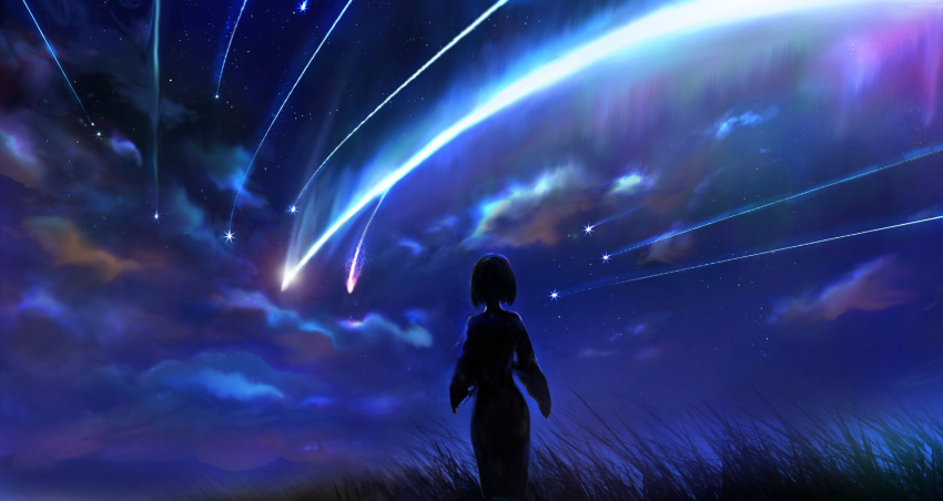 00, 1girl, bob_cut, clouds, comet, commentary, dark, from_behind