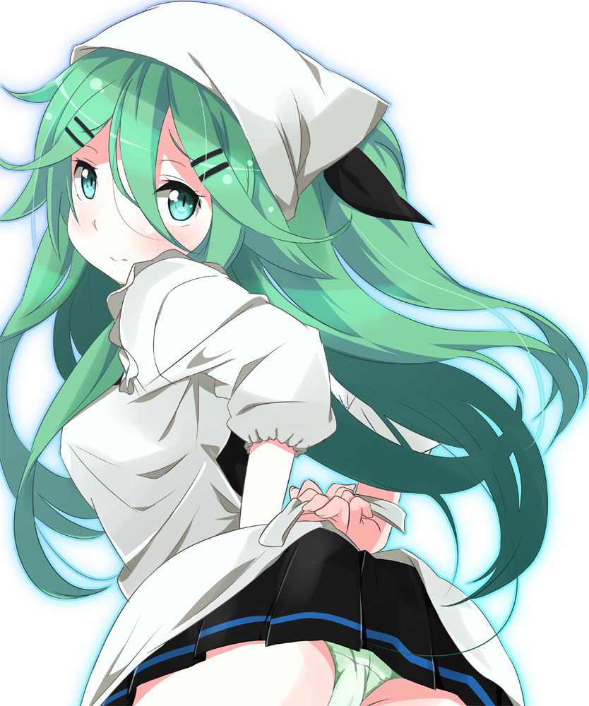 1girl, alternate_costume, black_ribbon, black_skirt, commentary_request, green_hair, green_panties, hair_between_eyes