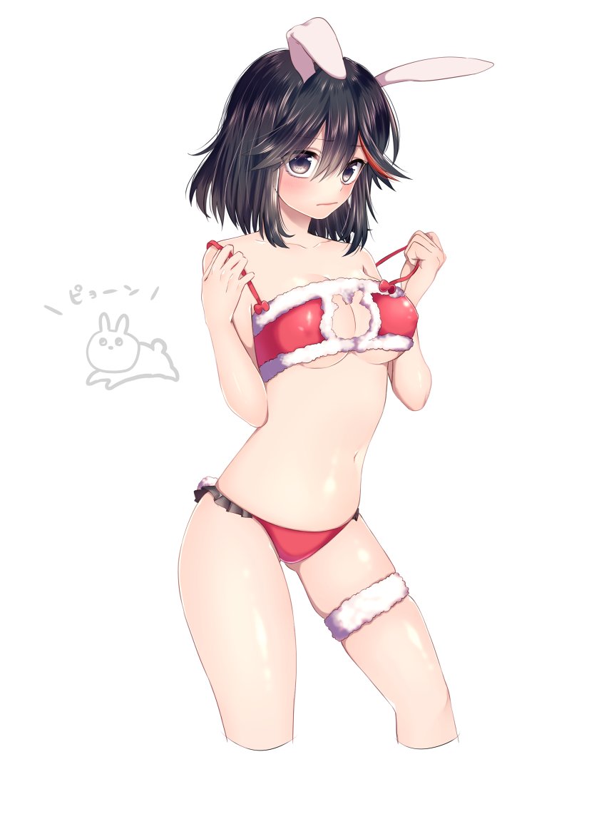 1girl, animal_ears, bikini, black_hair, blush, breasts, bunny_cutout, bunny_girl, bunny_tail, cleavage, embarrassed, kill_la_kill, looking_at_viewer, matoi_ryuuko, mittsun, rabbit, rabbit_ears, redhead, short_hair, solo, swimsuit, tail