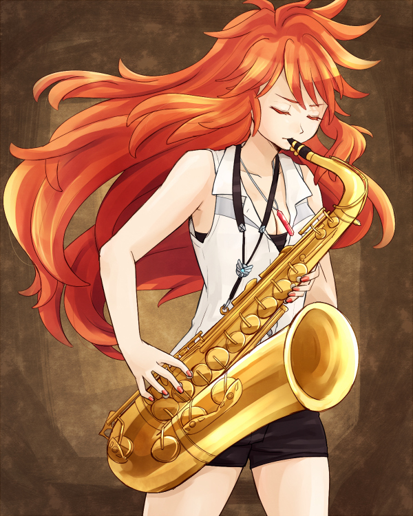1girl, amou_kanade, armpits, bare_shoulders, black_shorts, breasts, cleavage, closed_eyes, collarbone, instrument, jazz_for_your_soul_(meme), jewelry, long_hair, nagi_mizuha, nail_polish, necklace, pendant, red_nails, redhead, saxophone, senki_zesshou_symphogear, shirt, short_shorts, shorts, sleeveless, sleeveless_shirt, solo, spiky_hair, wavy_hair, white_shirt