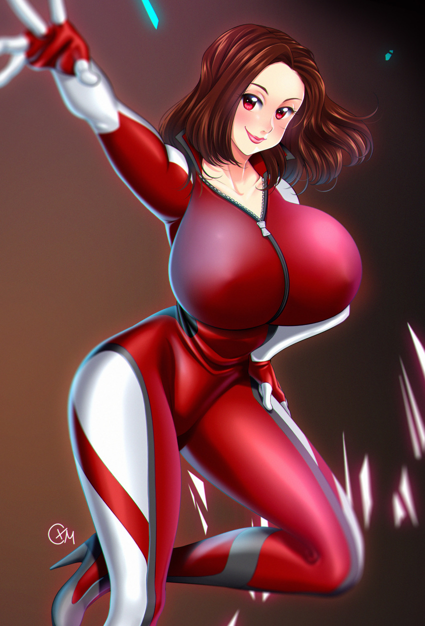 1girl, absurdres, bodysuit, breasts, brown_hair, cloudxmoe, hand_on_hip, high_heels