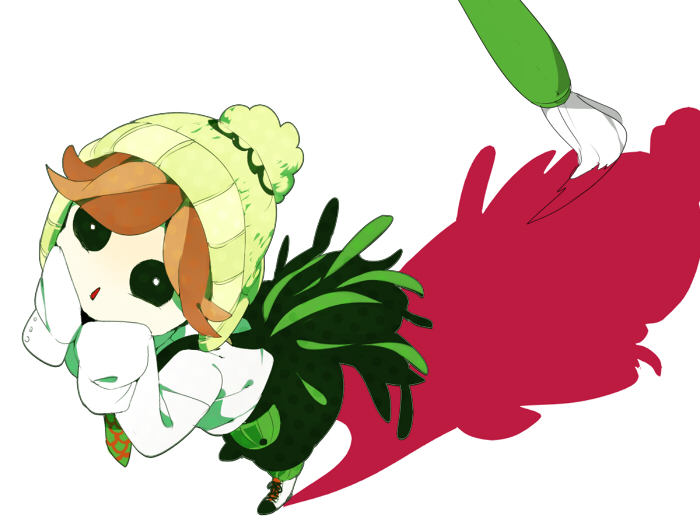 1boy, al_(arupaka), are_you_alice?, black_eyes, brown_hair, dodo_(are_you_alice?), feathers, hat, male_focus, open_mouth, paintbrush, simple_background, solo, white_background