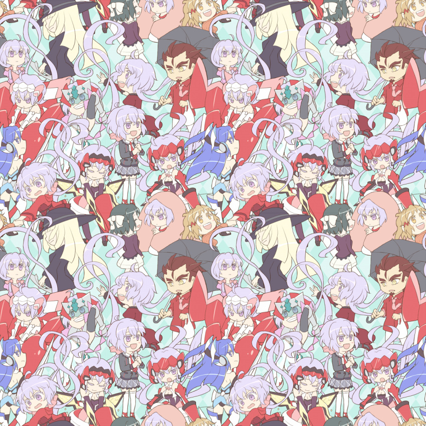 1boy, 5girls, ahoge, aircraft, back_cutout, bag, bare_shoulders, black_choker