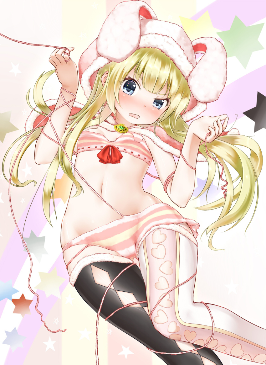 1girl, animal_hood, argyle, argyle_legwear, atelier_(series), atelier_firis, black_legwear, blonde_hair