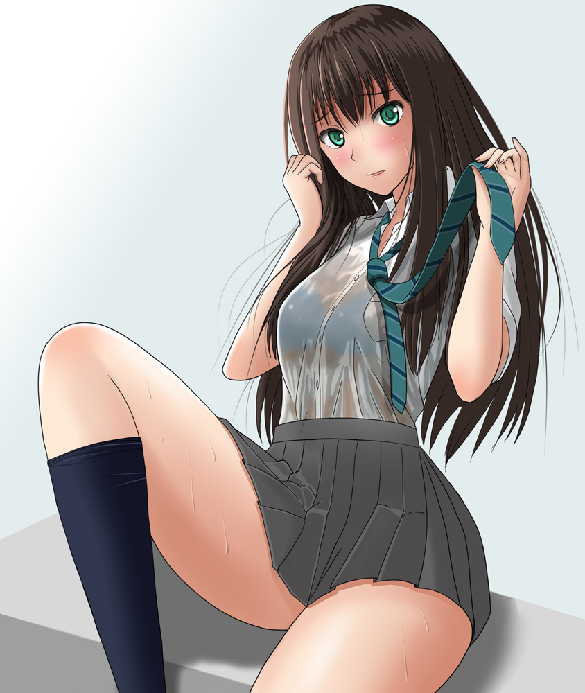 1girl, black_hair, black_skirt, blush, breasts, commentary_request, green_eyes, idolmaster, idolmaster_cinderella_girls, inuyasha_(43884322), long_hair, long_sleeves, looking_at_viewer, navy_blue_legwear, necktie, pleated_skirt, school_uniform, see-through, shibuya_rin, shirt, skirt, solo, striped, striped_necktie, underwear, wet, wet_clothes, wet_shirt