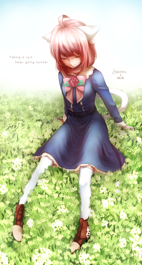 1girl, ahoge, animal_ears, arm_support, artist_name, belt, blue_dress, boots