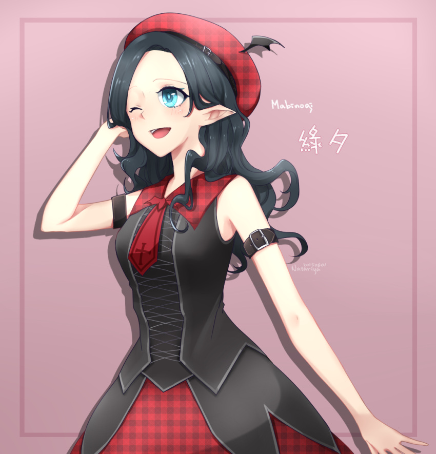 1girl, 2015, ;d, arm_belt, artist_name, beret, black_hair, black_shirt