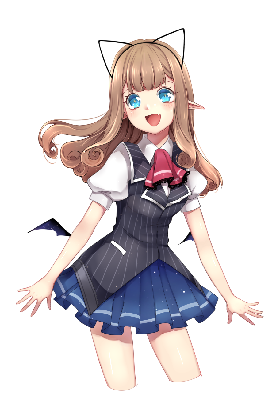 1girl, :d, blue_eyes, blue_skirt, blush, brown_hair, collared_shirt, cropped_legs