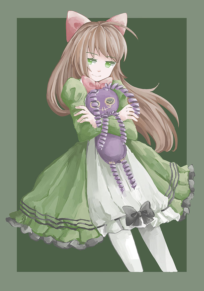 1girl, :>, ahoge, border, bow, bowtie, brown_hair, closed_mouth