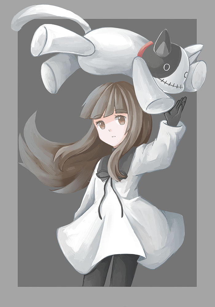 1girl, black_gloves, black_legwear, black_ribbon, border, brown_eyes, brown_hair, deemo