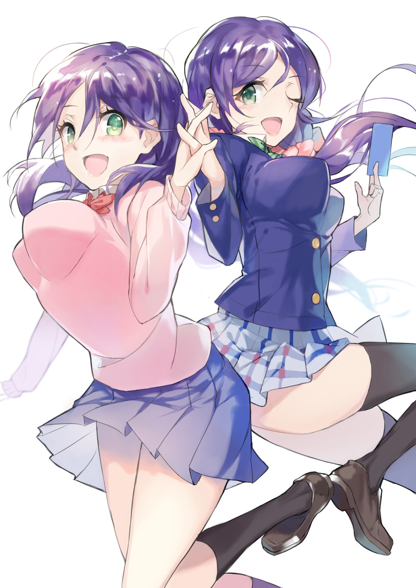 2girls, back-to-back, black_legwear, breasts, brown_shoes, card, cardigan, green_eyes, hand_holding, highres, holding, holding_card, kamisa, large_breasts, long_hair, long_sleeves, look-alike, love_live!, love_live!_school_idol_project, low_twintails, miniskirt, multiple_girls, one_eye_closed, open_mouth, purple_hair, ribbon, school_uniform, serinuma_kae, shoes, skirt, tarot, toujou_nozomi, twintails, watashi_ga_motete_dousunda