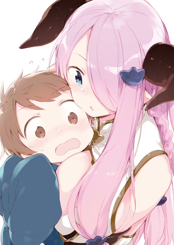 1boy, 1girl, age_difference, age_regression, between_breasts, blue_eyes, blush, braid