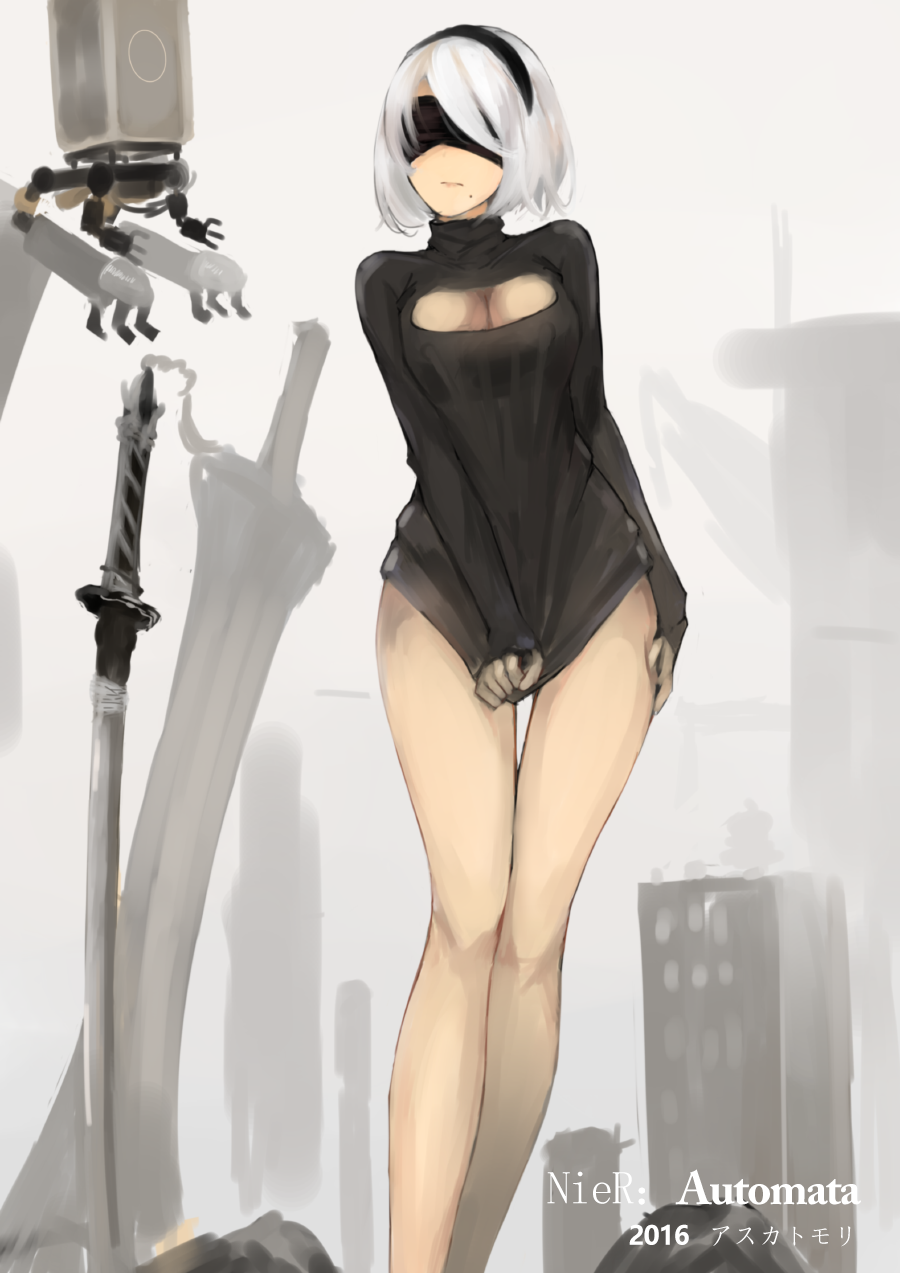 1girl, bare_legs, blindfold, breasts, cleavage, clothes_pull, hairband, highres