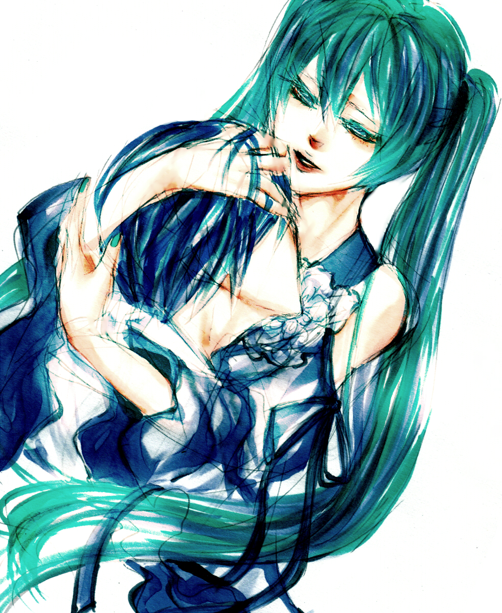 1boy, 1girl, aqua_hair, aqua_nails, blue_hair, death, evillious_nendaiki, hands_on_another's_head