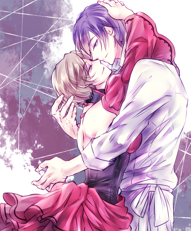 1boy, 1girl, akujiki_musume_conchita_(vocaloid), brown_hair, chef, chef_uniform, choker, corset