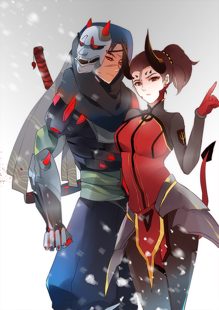 1boy, 1girl, alternate_costume, armor, bad_hands, black_hair, bodysuit, breasts