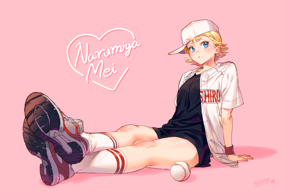 1girl, :o, ace_of_diamond, arm_at_side, arm_support, ball, bangs, baseball, baseball_cap, baseball_uniform, black_shorts, blonde_hair, blue_eyes, breasts, character_name, closed_mouth, clothes_writing, eyelashes, female, flipped_hair, full_body, genderswap, genderswap_(mtf), hat, heart, kneehighs, legs_crossed, looking_at_viewer, looking_to_the_side, medium_breasts, narumiya_mei, ninee, pink_background, shadow, shirt, shoe_soles, shoes, short_hair, short_sleeves, shorts, sideways_hat, signature, simple_background, sitting, sneakers, solo, sportswear, t-shirt, undershirt, white_hat, white_legwear, wristband