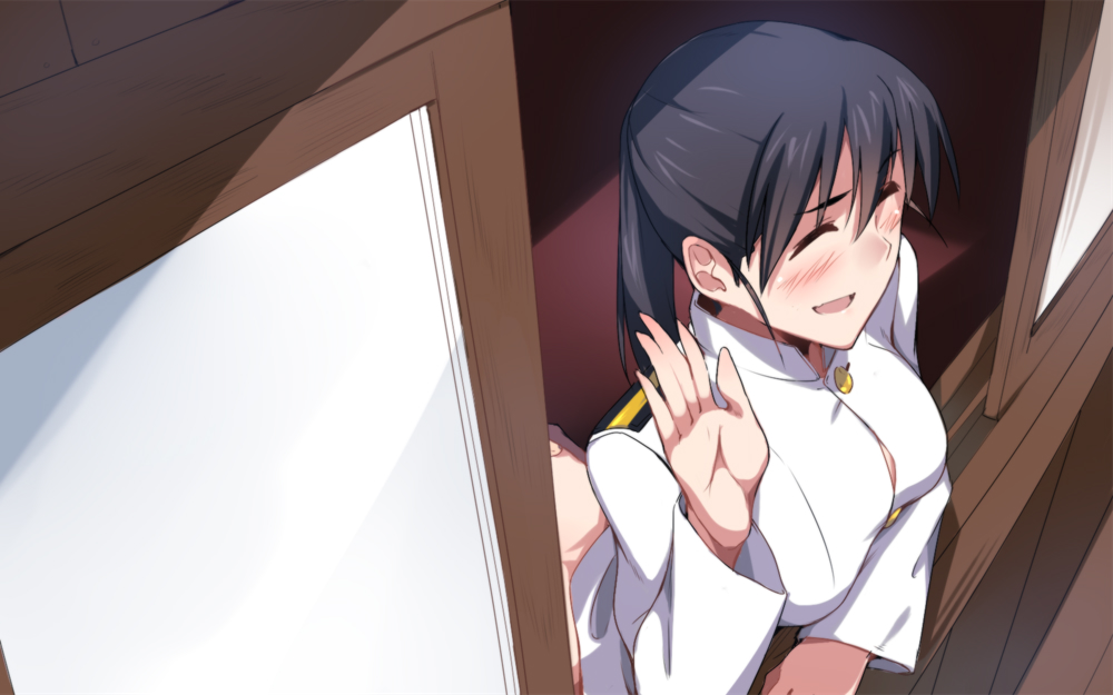 1girl, bangs, black_hair, blush, breasts, closed_eyes, em, from_above, kitagou_fumika, large_breasts, long_hair, long_sleeves, military, military_uniform, open_mouth, ponytail, smile, solo, uniform, waving, window, world_witches_series