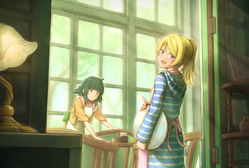 2girls, ahoge, apron, bangs, black_hair, blue_eyes, blunt_bangs, dararito, flying_witch, hina_(flying_witch), holding, holding_tray, hood, hood_down, index_finger_raised, japanese_clothes, kimono, lamp, long_sleeves, looking_at_viewer, looking_back, multiple_girls, obi, open_mouth, pink_apron, ponytail, sash, shiina_anzu_(flying_witch), short_hair, sidelocks, smile, striped, tray, waitress, window