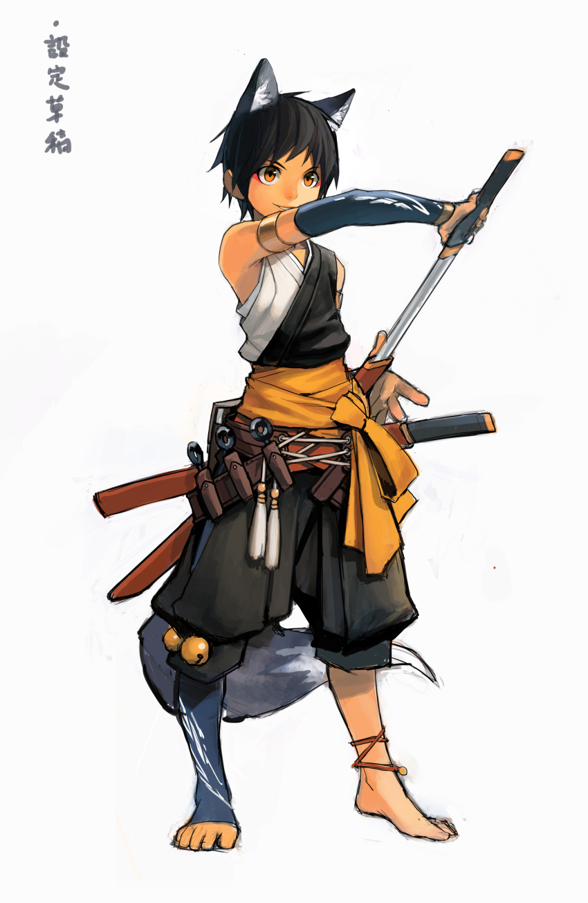 1boy, absurdres, animal_ears, anklet, barefoot, black_hair, blockun, brown_eyes
