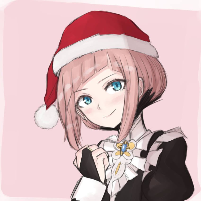 1girl, blue_eyes, cryopon, european_clothes, felicia_(fire_emblem_if), fire_emblem, fire_emblem_if, gloves, hat, highres, maid, pink_background, pink_hair, santa_hat, simple_background, solo