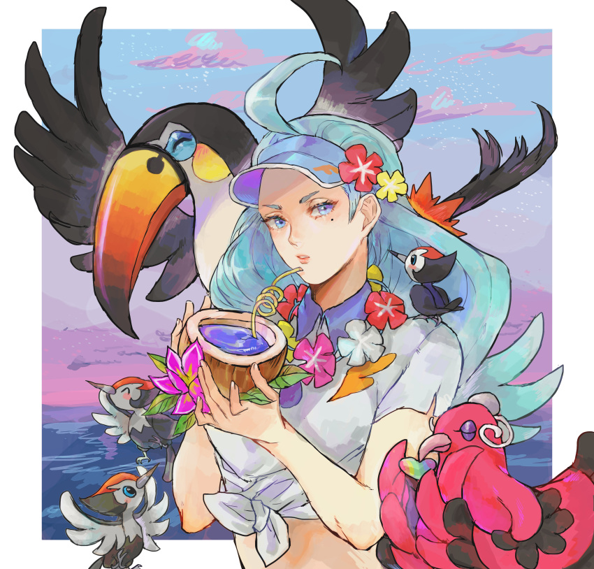 1girl, absurdres, ahoge, aqua_hair, beach, beak, bendy_straw, bird, blue_eyes, blue_hat, blue_sky, buttons, clouds, coconut, collared_shirt, drink, drinking_straw, dusk, elite_four, fingernails, flower, flower_necklace, hair_flower, hair_ornament, hat, highres, holding, jewelry, jyuv, kahili_(pokemon), lips, long_hair, mole, mole_under_eye, mountain, necklace, ocean, open_mouth, oricorio, outdoors, parted_lips, pikipek, poke_bean, pokemon, pokemon_(creature), pokemon_(game), pokemon_sm, shirt, short_sleeves, sky, tied_shirt, toucan, toucannon, visor_cap, water, white_shirt, wings