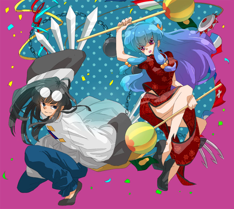 1boy, 1girl, chinese_clothes, double_bun, dual_wielding, glasses, long_hair, mousse