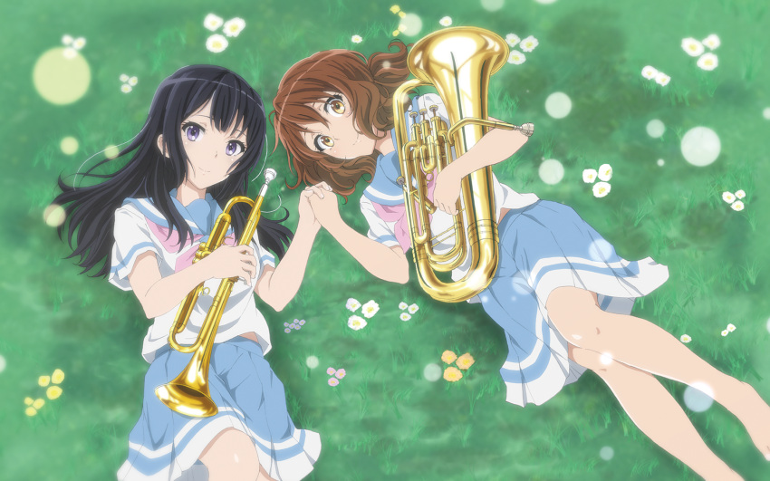 2girls, bare_legs, barefoot, black_hair, blue_skirt, brown_eyes, brown_hair, euphonium