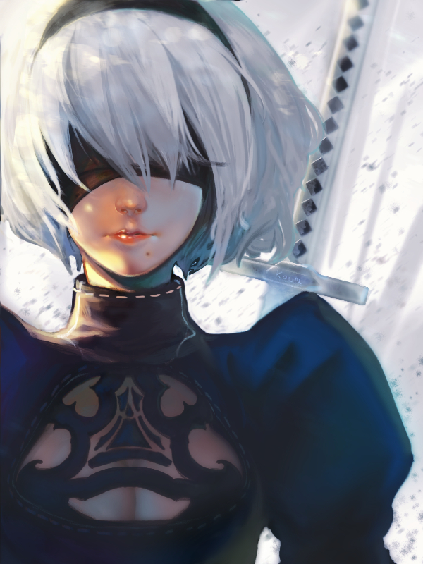 1girl, blindfold, cleavage_cutout, kou_(pixiv3841298), lips, long_sleeves, mole, mole_under_mouth, nier_(series), nier_automata, puffy_long_sleeves, puffy_sleeves, short_hair, solo, sword, upper_body, weapon, white_hair, yorha_unit_no._2_type_b