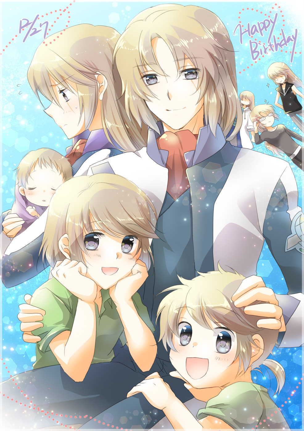6+boys, :d, adjusting_glasses, age_comparison, age_difference, baby, blue_background, blush, brown_hair, choker, closed_eyes, dated, glasses, grey_eyes, hand_on_another's_head, hand_on_hip, happy_birthday, highres, hood, hoodie, jacket, long_hair, long_sleeves, looking_at_viewer, low-tied_long_hair, minashiro_soushi, multiple_boys, multiple_persona, open_mouth, pants, ponytail, rinoritama, scar, scar_across_eye, shiny, shiny_hair, short_hair, sleeping, smile, soukyuu_no_fafner, sparkle, spoilers, sweatdrop, time_paradox, uniform, younger