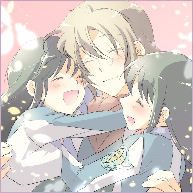 1boy, 2girls, :d, ^_^, black_hair, blush, brother_and_sister, brown_hair, closed_eyes, cropped_jacket, group_hug, hug, jacket, long_hair, long_sleeves, minashiro_orihime, minashiro_soushi, minashiro_tsubaki, mother_and_daughter, multiple_girls, open_mouth, pink_background, rinoritama, scar, scar_across_eye, shiny, shiny_hair, siblings, sidelocks, smile, soukyuu_no_fafner, time_paradox, uncle_and_niece, uniform