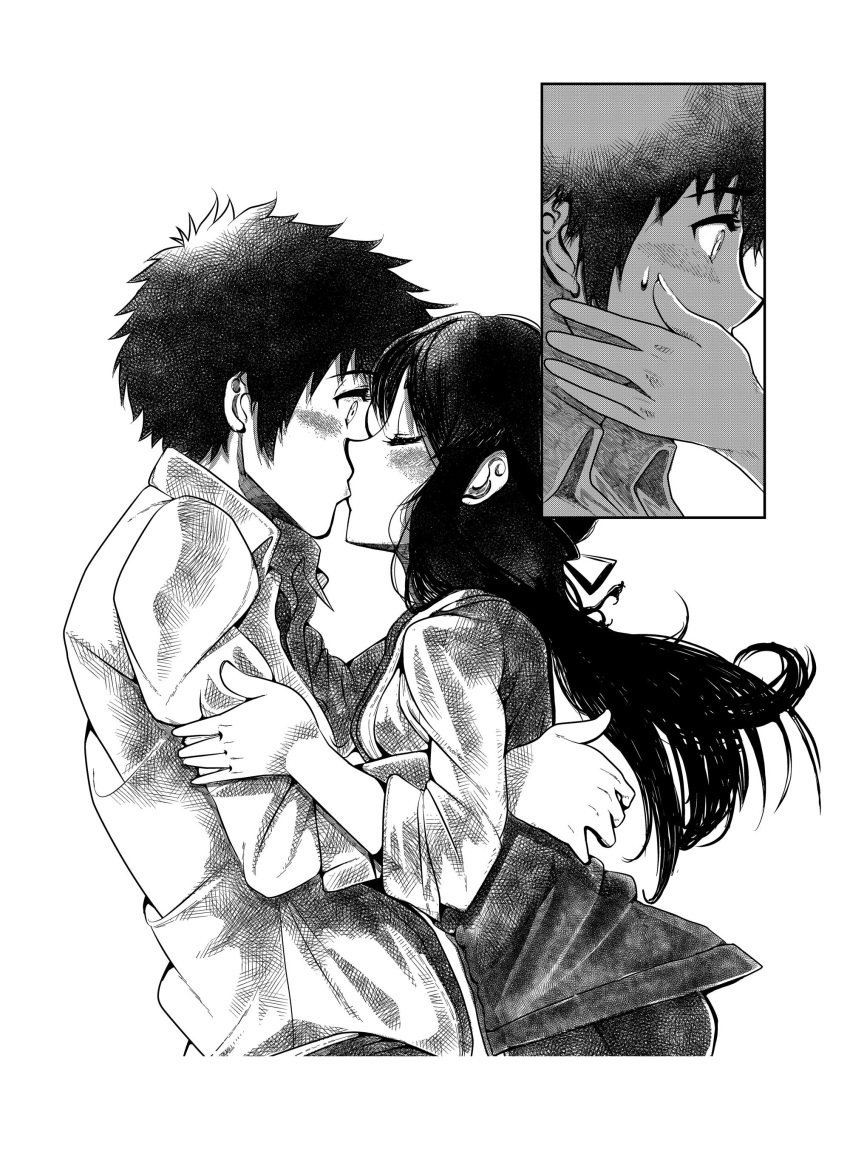 absurdres, black_hair, closed_eyes, comic, couple, hair_ribbon, hetero, highres, kimi_no_na_wa, kiss, long_hair, miyamizu_mitsuha, monochrome, ribbon, shanson2003, spoilers, tachibana_taki