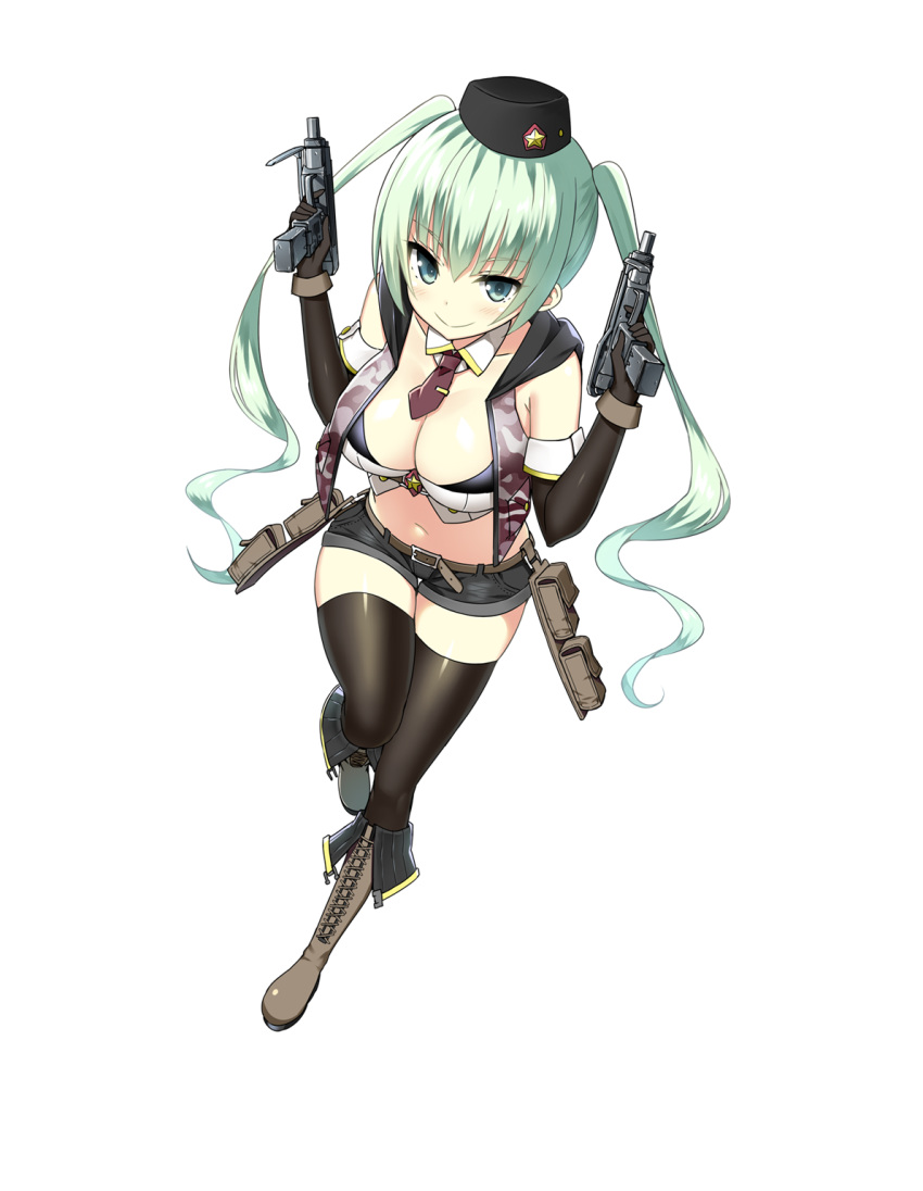 1girl, aqua_eyes, aqua_hair, belt, between_breasts, black_gloves, black_legwear, blush