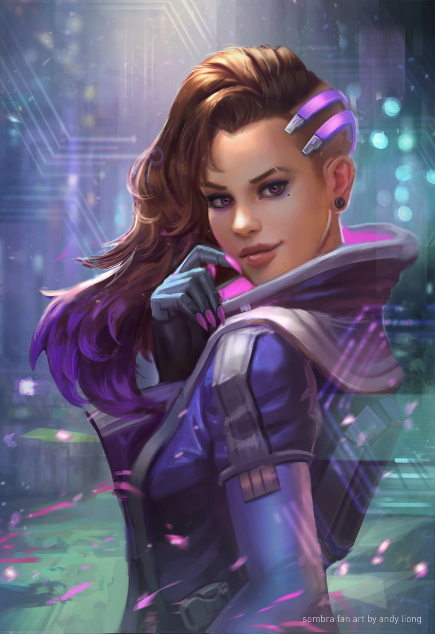 1girl, absurdres, andy_liong, artist_name, asymmetrical_hair, breasts, brown_hair, commentary, dark_skin, earrings, eyeshadow, fingernails, gloves, high_collar, highres, jewelry, lips, lipstick, long_fingernails, long_hair, long_sleeves, looking_at_viewer, looking_to_the_side, makeup, medium_breasts, mole, mole_under_eye, multicolored_hair, nose, overwatch, purple_hair, realistic, science_fiction, sharp_fingernails, signature, smile, smirk, solo, sombra_(overwatch), stud_earrings, two-tone_hair, upper_body, violet_eyes