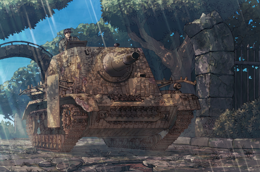 1boy, camouflage, cannon, cap, earasensha, military, military_uniform, sturmtiger