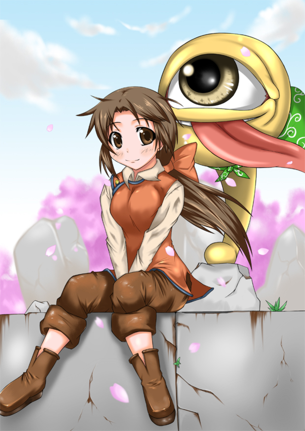 boots, breast_squeeze, breasts, brown_eyes, brown_hair, cherry_blossoms, dou-t, holly