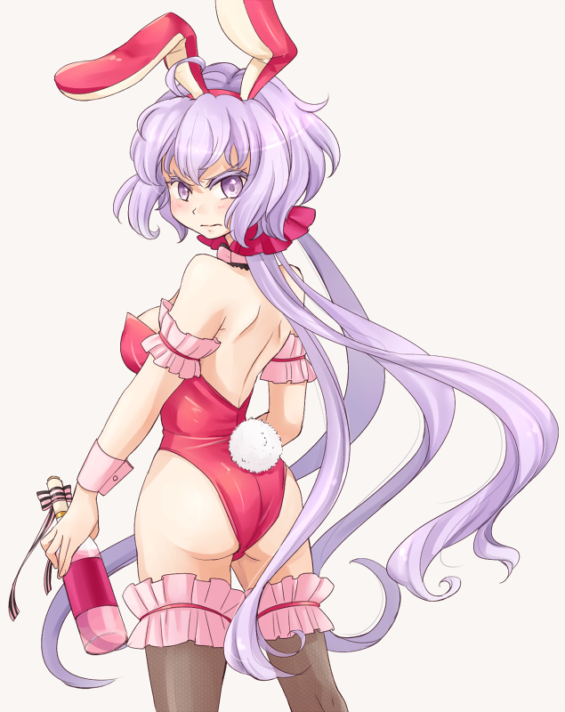 1girl, ahoge, animal_ears, bare_shoulders, blush, breasts, bunny_tail, bunnysuit