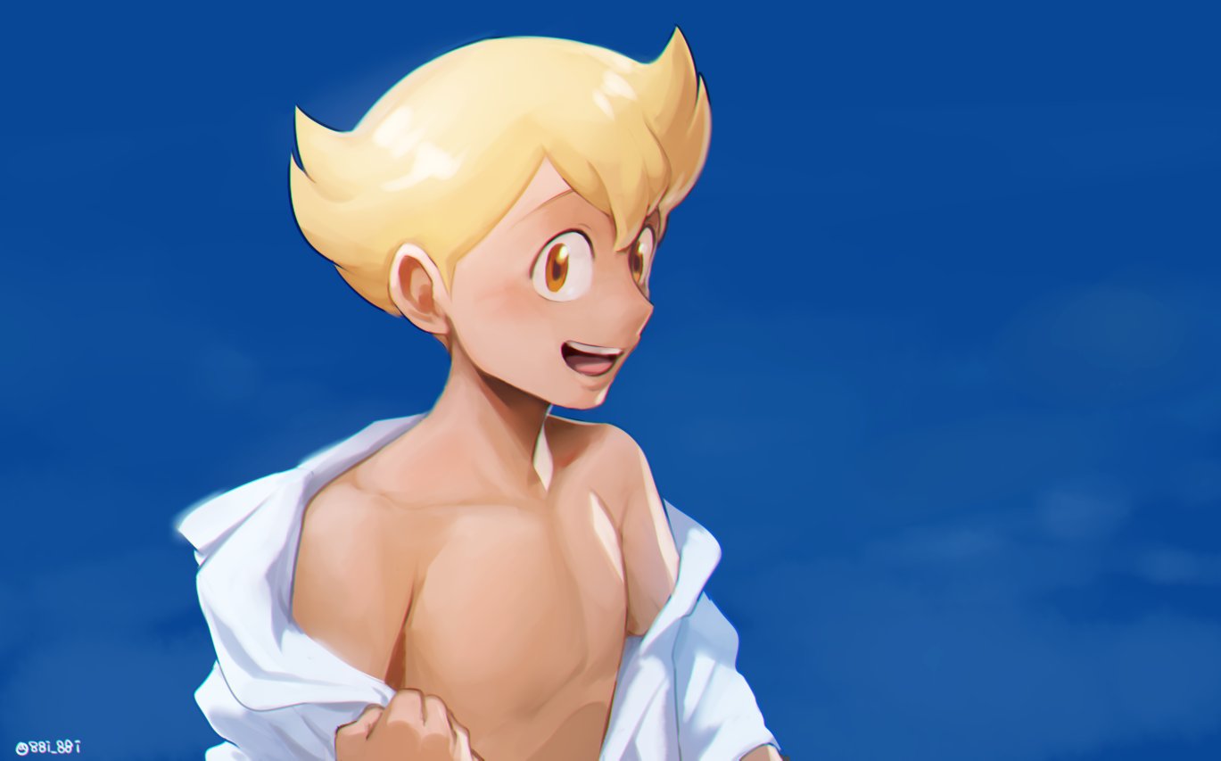 1boy, bbrangka, blonde_hair, jun_(pokemon), looking_at_viewer, male_focus, ocean, orange_eyes