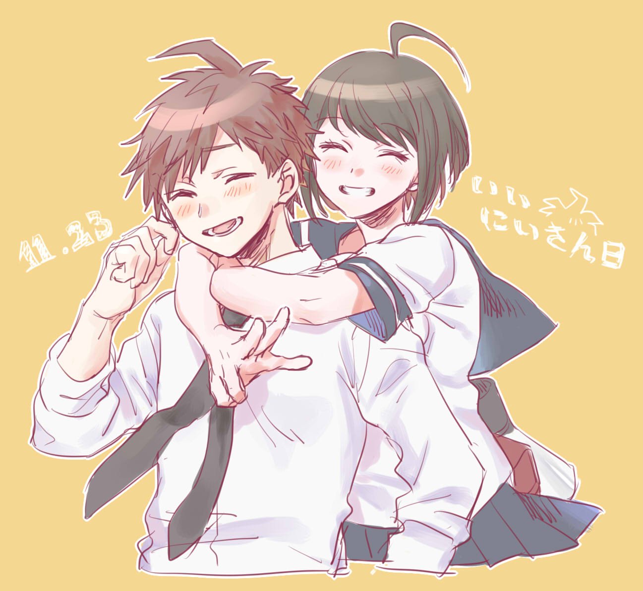 1boy, 1girl, ahoge, black_hair, blue_skirt, brother_and_sister, brown_hair, dangan_ronpa