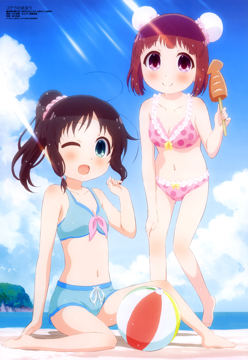 2girls, ;d, absurdres, antenna_hair, ball, barefoot, beach, beachball